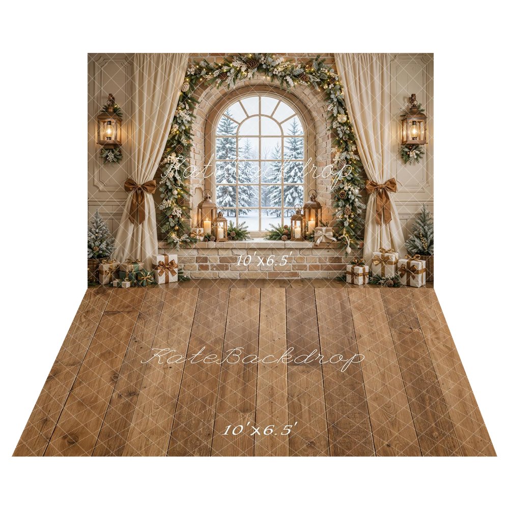 Kate Christmas Beige Arched Window Garland Curtains Bow Printed Backdrop+Brown Wood Plank Floor Printed Backdrop
