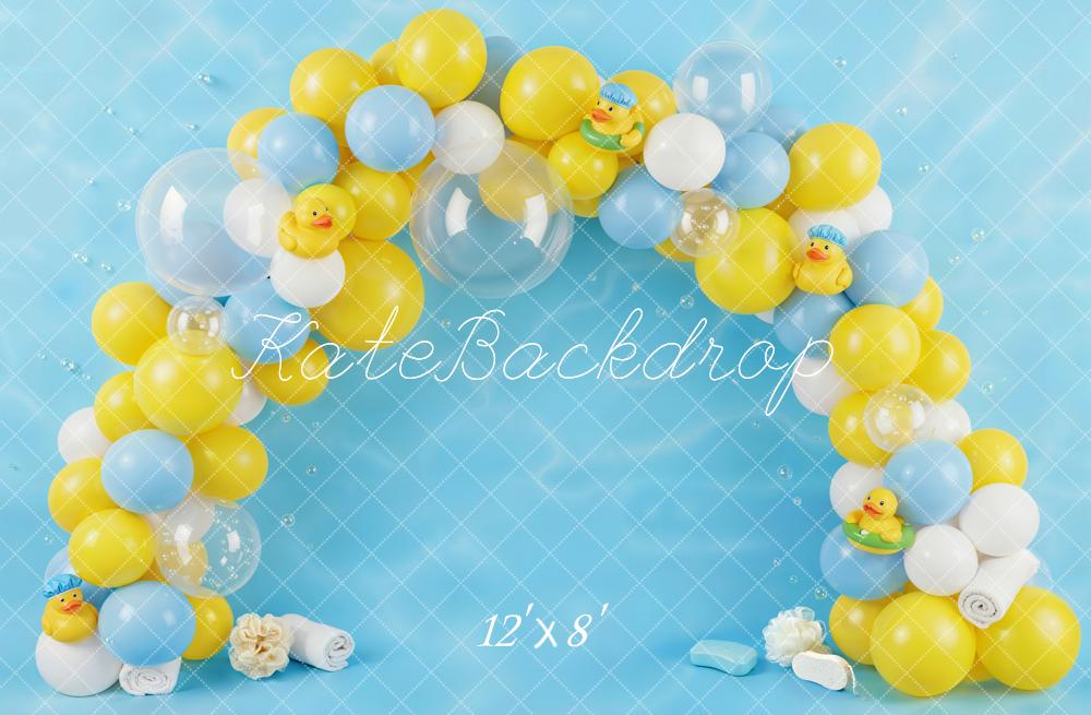 Kate Cake Smash Balloon Arch Rubber Duck Blue Yellow Printed Backdrop Designed by Emetselch