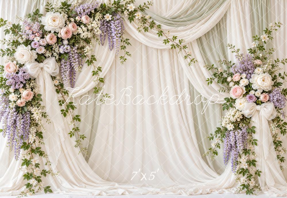 Kate Spring Floral Elegant White Drapes Bow Printed Backdrop Designed by Emetselch