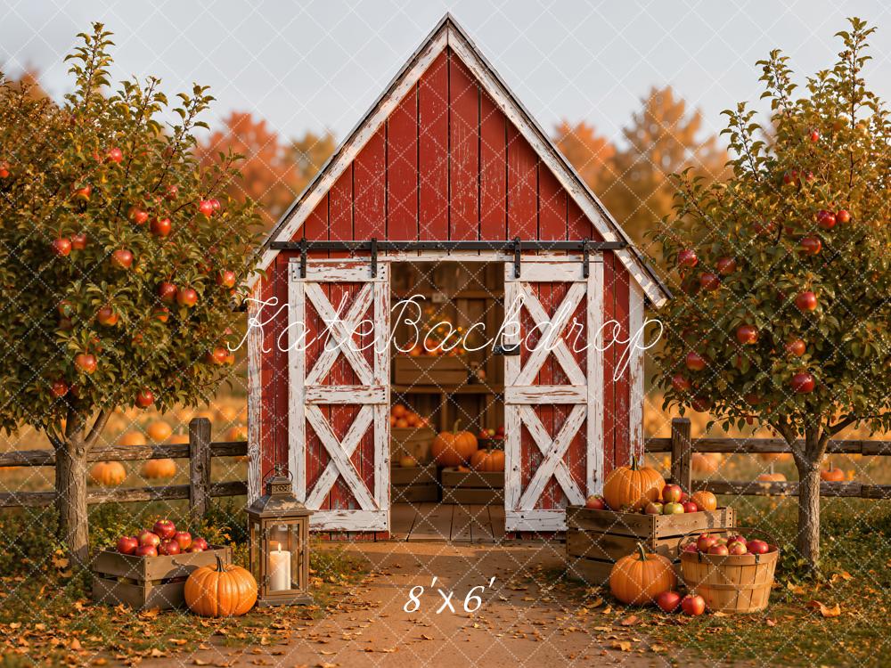 Kate Fall Red Barn Pumpkins Apple Orchard Printed Backdrop Designed by Emetselch