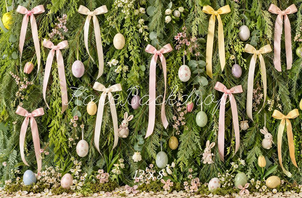 Kate Easter Bow Ribbon Bunny Floral Greenery Egg  Printed Backdrop Designed by Emetselch