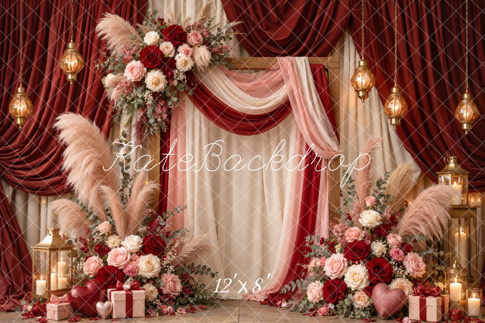 Kate Valentine's Day Boho Red Drapery Floral Lanterns Printed Backdrop Designed by Emetselch