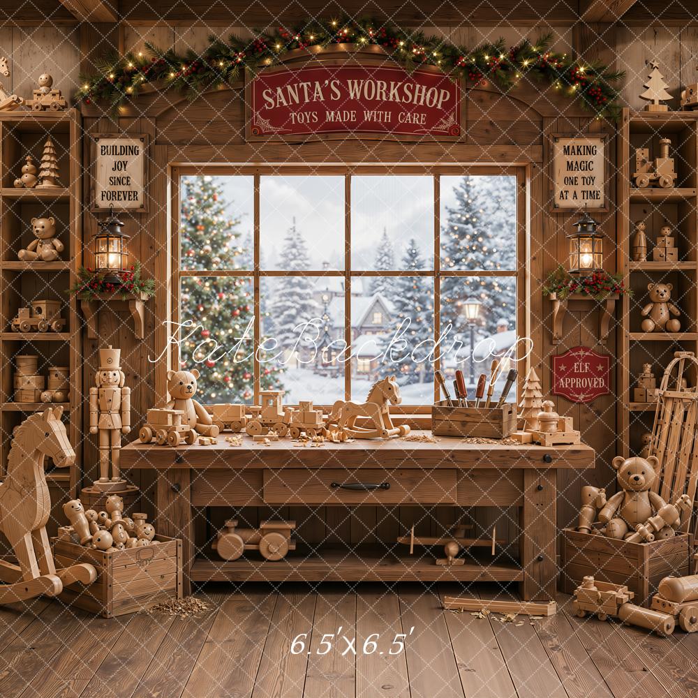 Kate Christmas Santa Workshop Wooden Toys Window Printed Backdrop Designed by Emetselch