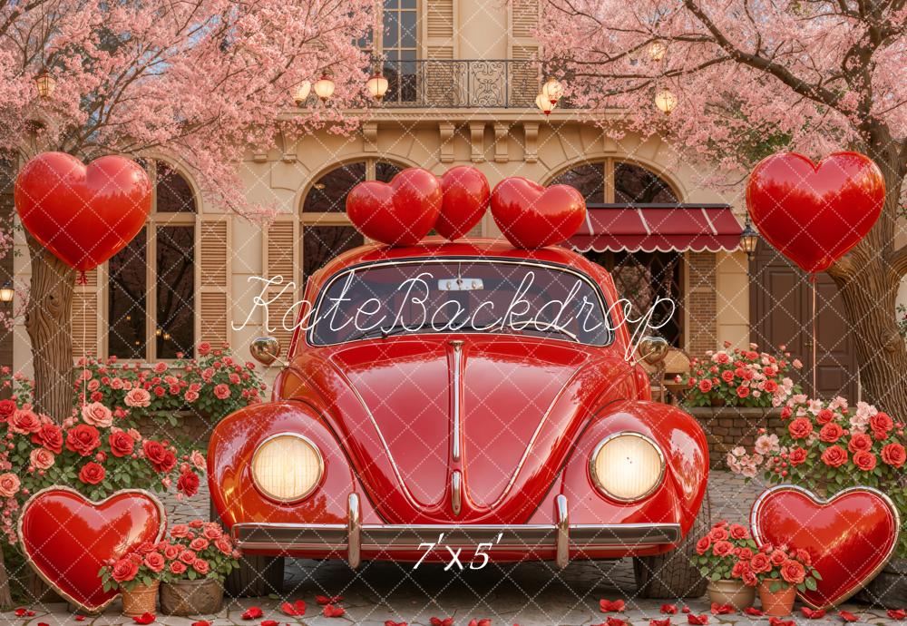 Kate Valentine's Day Red Car Heart Balloons Pink Flowers Backdrop Designed by Emetselch