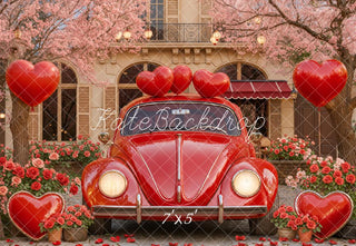 Kate Valentine's Day Red Car Heart Balloons Pink Flowers Printed Backdrop Designed by Emetselch