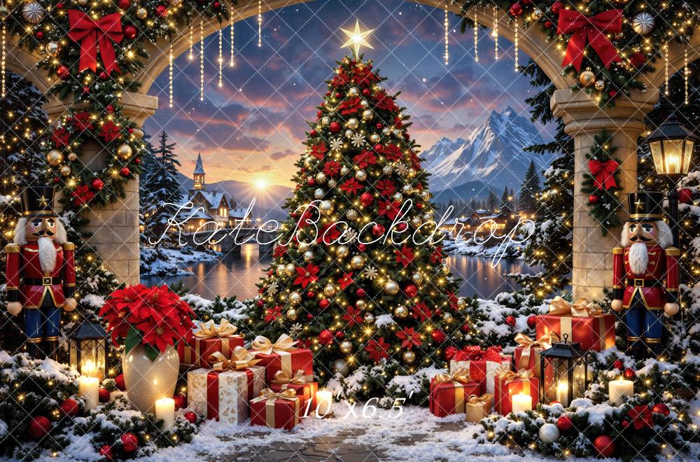Kate Christmas Tree Nutcracker Presents Archway Snowy Village Printed Backdrop Designed by Mini MakeBelieve