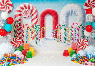 Kate Christmas Candyland Arch Candy Canes Peppermint Gumdrops Snow Printed Backdrop Designed by Patty Roberts