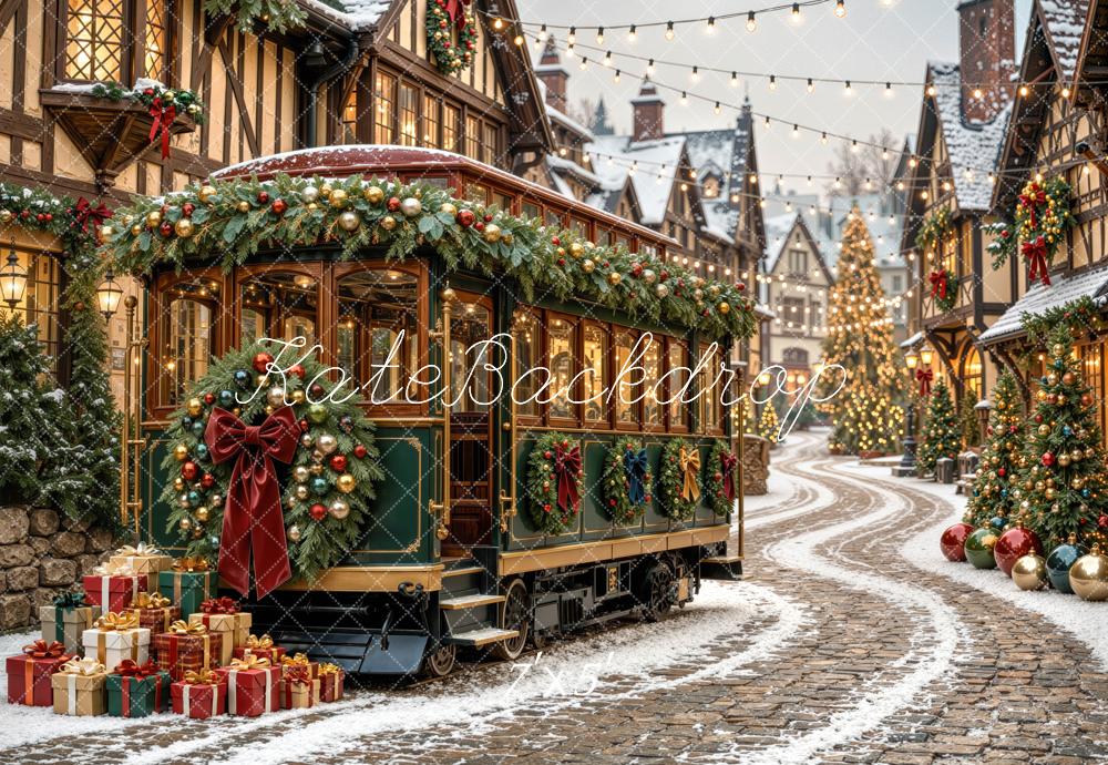 Kate Christmas Trolly Snowy Village Street Printed Backdrop Designed by Mini MakeBelieve