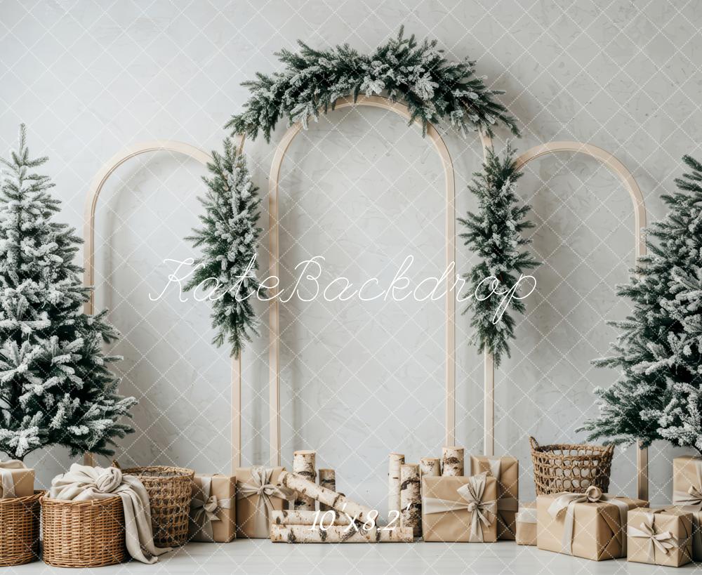 Kate Christmas Snowy Trees Arched Frames Gift Boxes Backdrop Designed by Patty Roberts