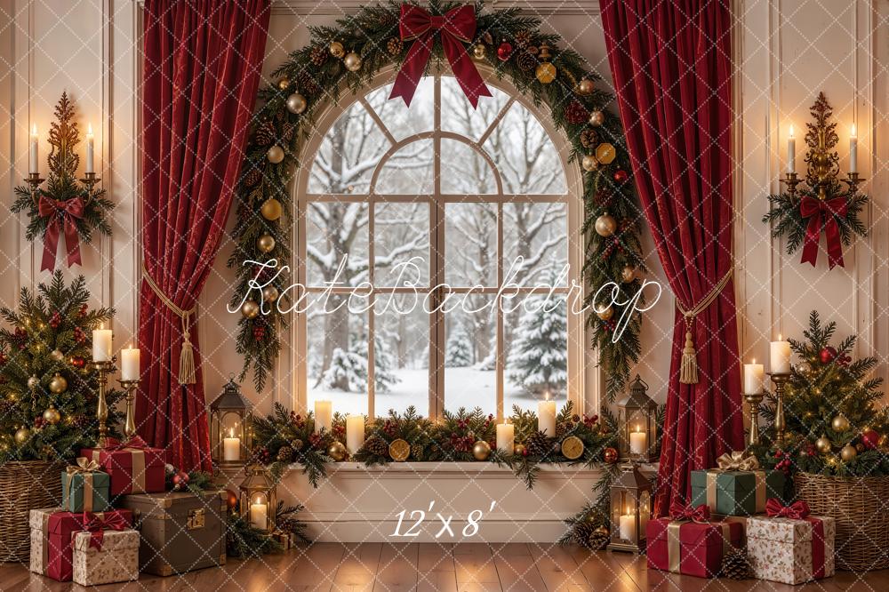 Kate Christmas Indoor Arched Window Red Curtain Garland Snowy Printed Backdrop Designed by Emetselch