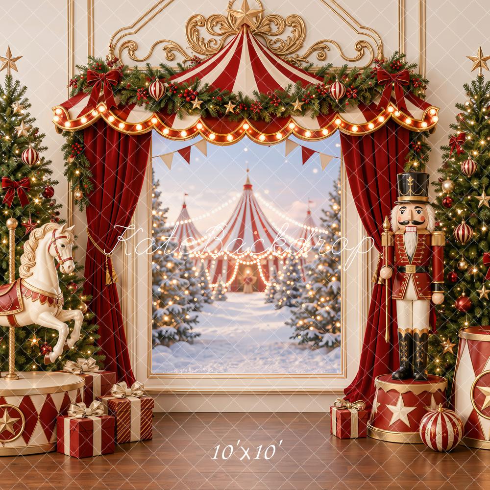 Kate Christmas Circus Carousel Trees Nutcracker Red Curtains Printed Backdrop Designed by Emetselch