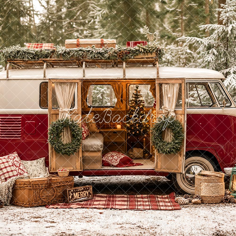 Kate Christmas Red Vintage Van Forest Snow Backdrop Designed by Emetselch