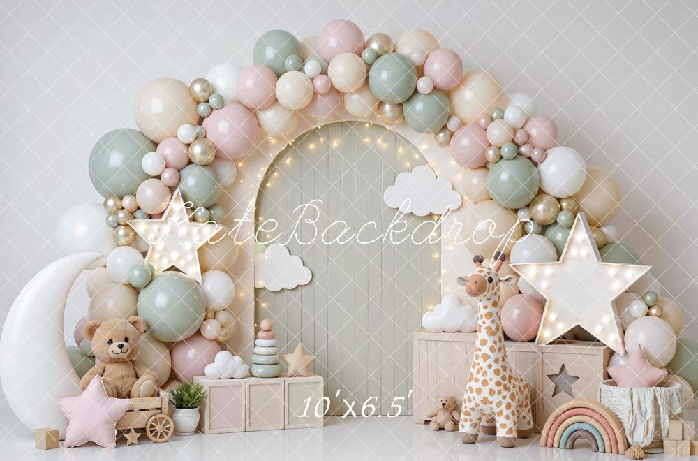 Kate Cake Smash Pastel Balloon Arch Stars Clouds Teddy Bear Giraffe Printed Backdrop Designed by Mini MakeBelieve