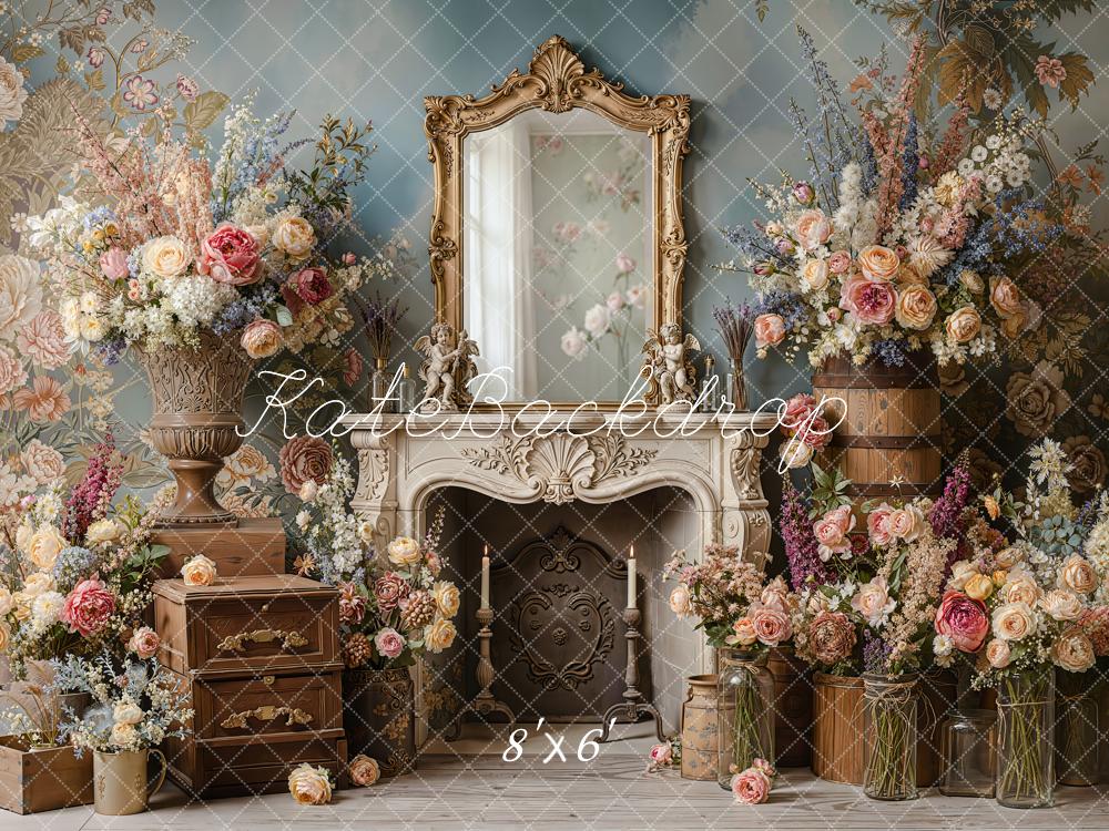 Kate Vintage Floral Mirror Fireplace Printed Backdrop Designed by Emetselch