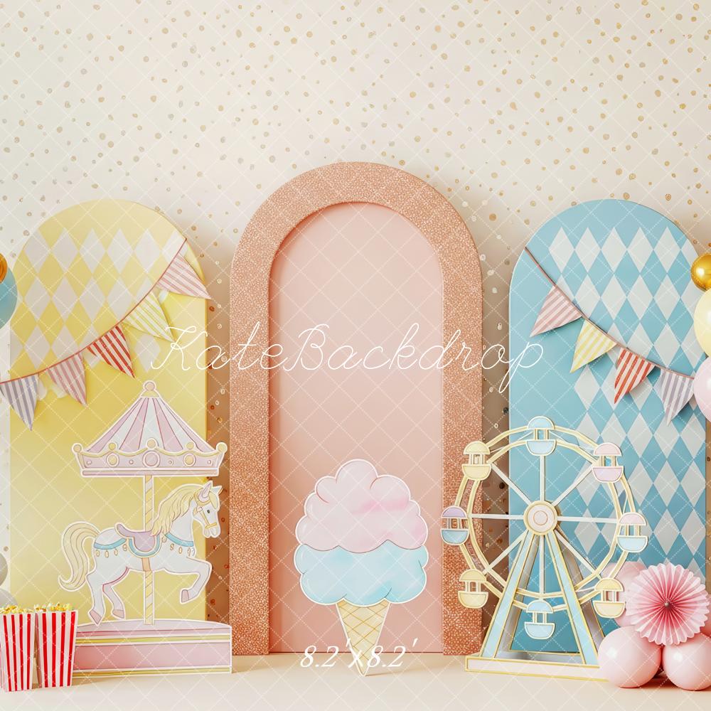 Kate Cake Smash Carnival Carousel Ferris Wheel Balloons Arches Backdrop Designed by Patty Roberts