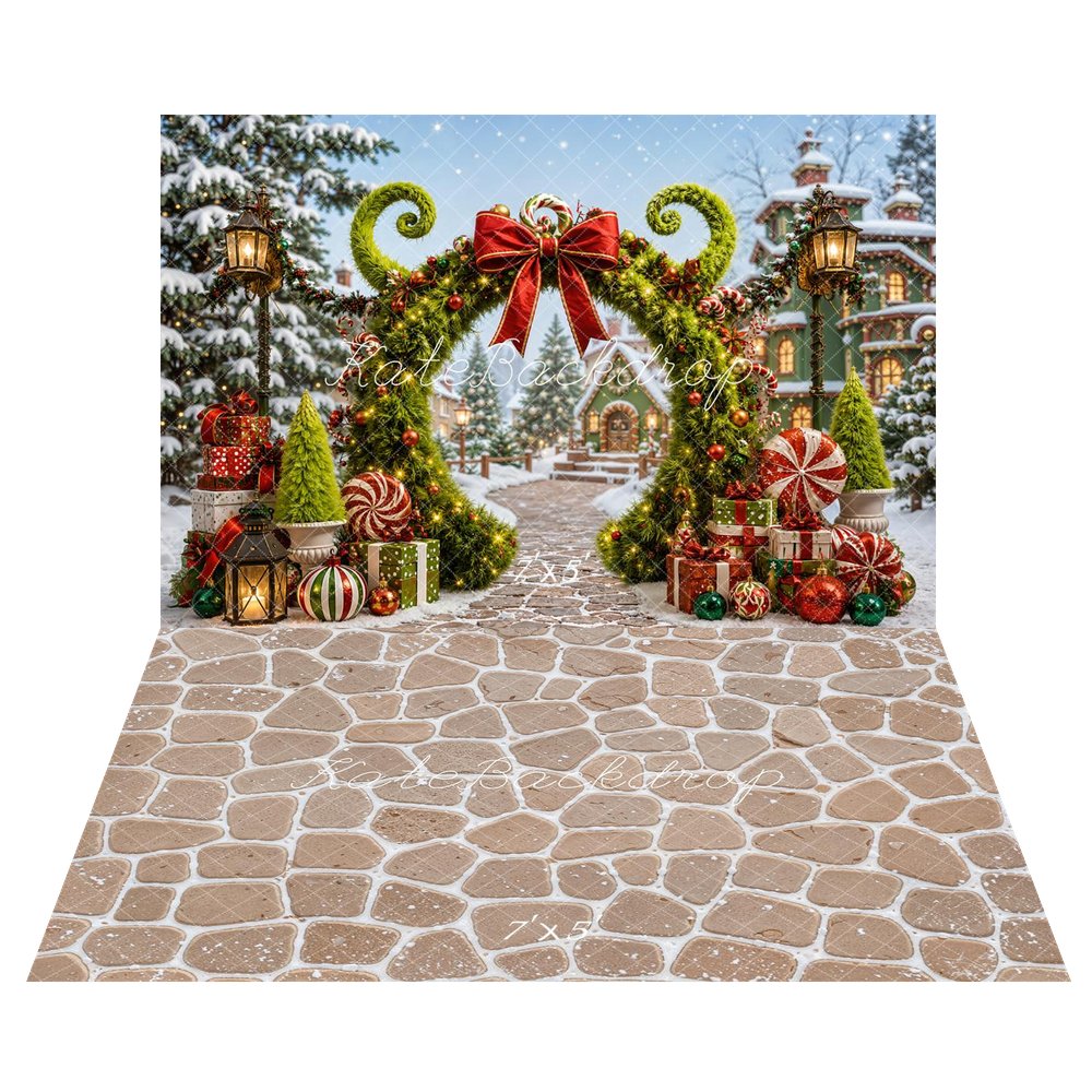 Kate Christmas Fantasy Green Arch Peppermint Presents Snow Village Printed Backdrop+Beige Cobblestone Wall Texture Printed Backdrop