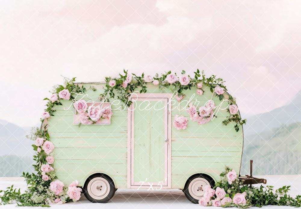 Caravan Backdrop Vintage Mint Floral Caravan Photo Backdrop