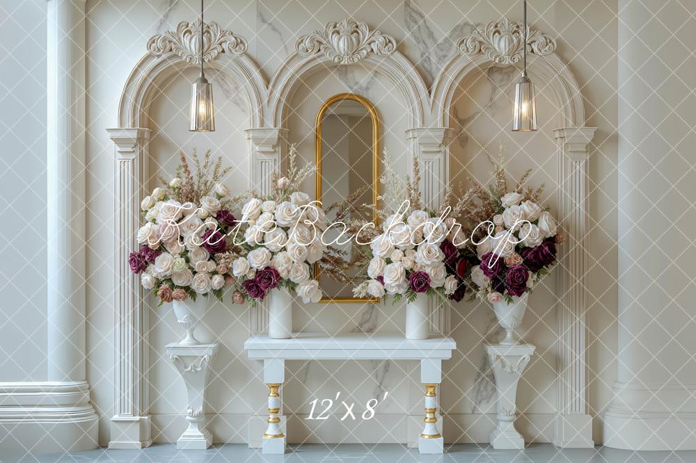 Kate Flower Arch Marble Columns Floral Vases Mirror Backdrop Designed by Mini MakeBelieve