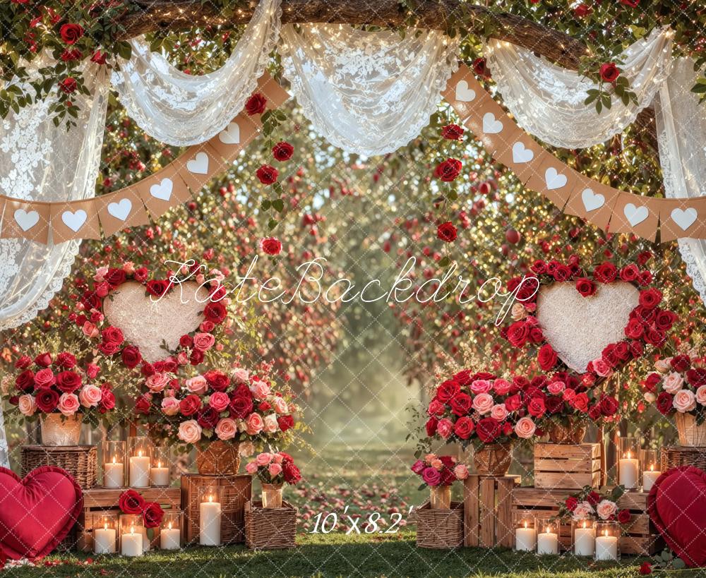 Kate Valentine's Day Rose Garden Hearts Lace Drapes Printed Backdrop Designed by Mini MakeBelieve