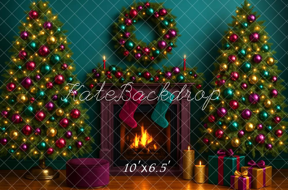 Kate Christmas Tree Fireplace Wreath Green Backdrop Designed by Megan Leigh Photography