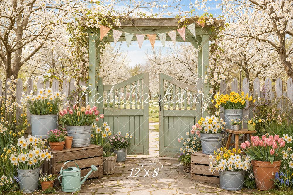 Kate Spring Garden Gate Flower Pots Cherry Blossoms Printed Backdrop Designed by Emetselch