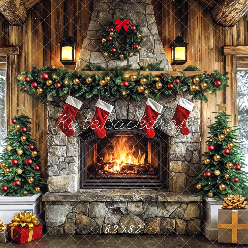 Kate Christmas Fireplace Garland Stockings Stone Wall Backdrop Designed by Mini MakeBelieve