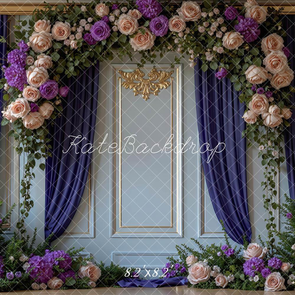 Kate Flower Arch Blue Wall Purple Curtains Backdrop Designed by Mini MakeBelieve