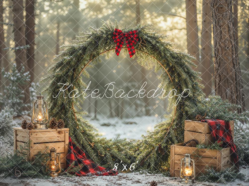 Kate Christmas Greenery Wreath Forest Crates Lanterns Printed Backdrop Designed by Emetselch