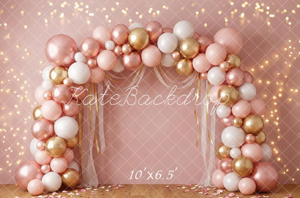 TEST Kate Birthday Balloon Arch Pink Gold White Bokeh Printed Backdrop Designed by Happy Squirrel Design
