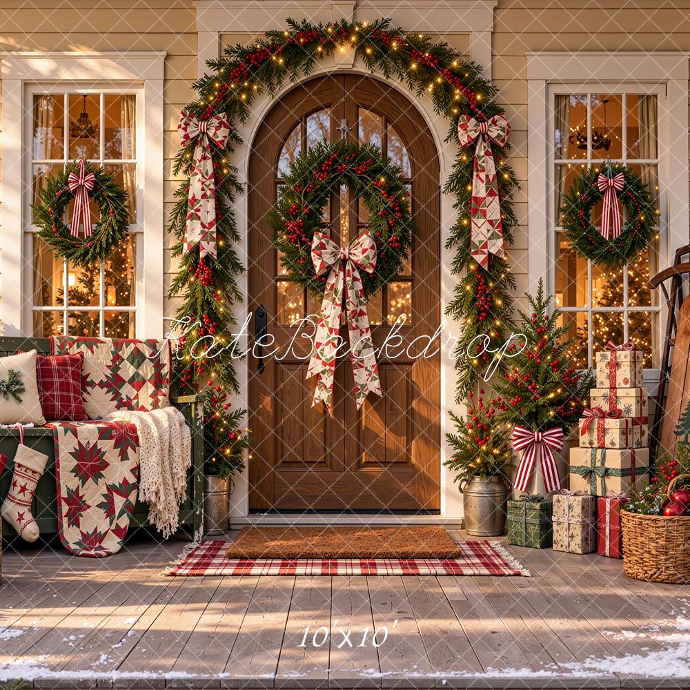 Kate Christmas Farmhouse Porch Wreath Garland Sunlight Printed Backdrop Designed by Shutter Swan Studios