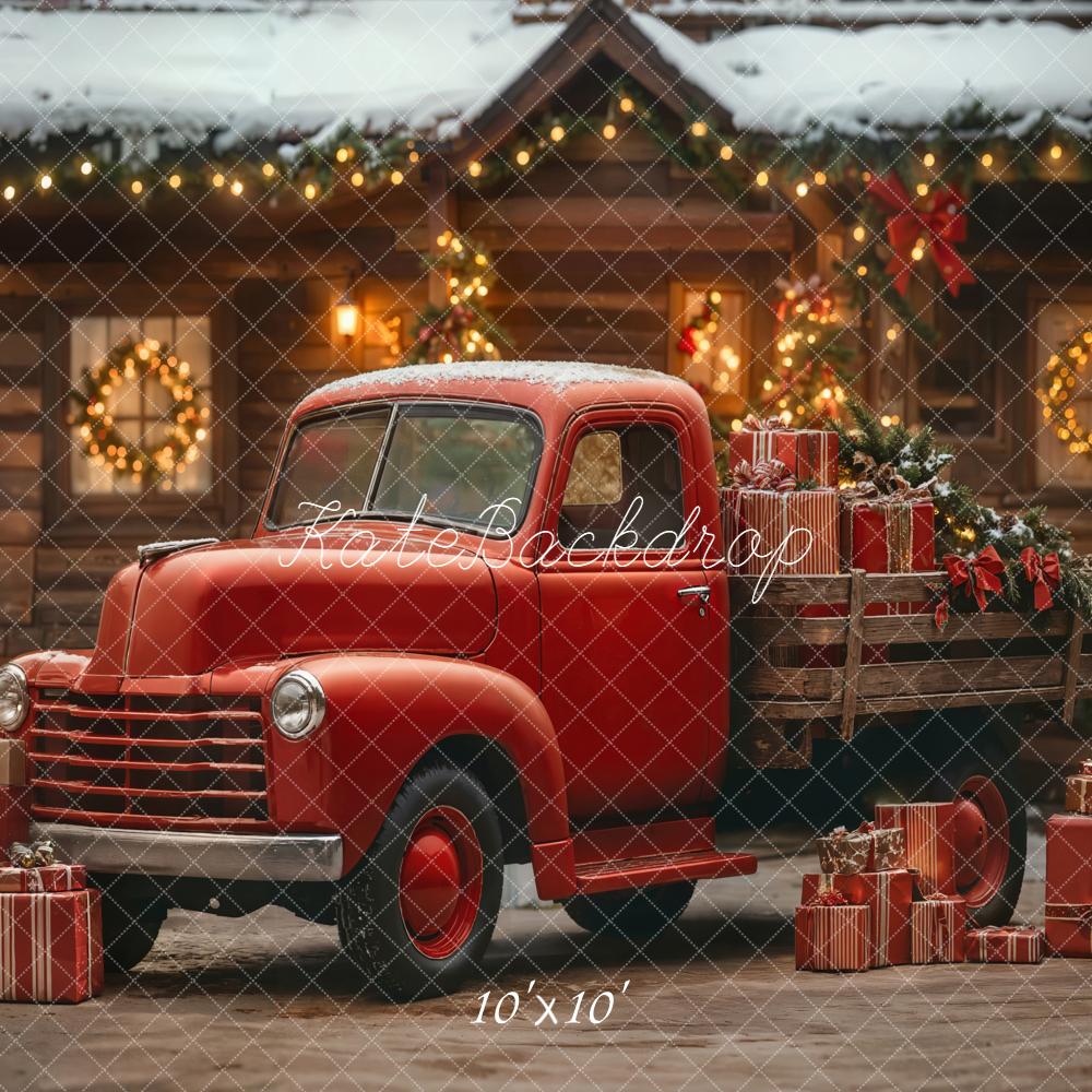 Kate Christmas Red Truck Snowy Cabin Gifts Backdrop Designed by Emetselch
