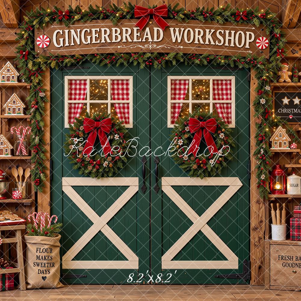 Kate Christmas Gingerbread Workshop Green Barn Door Shelves Printed Backdrop Designed by Shutter Swan Studios
