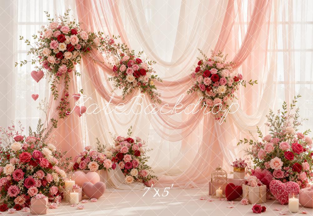 Kate Valentine's Day Pink Sheer Rose Floral Drapery Printed Backdrop Designed by Emetselch