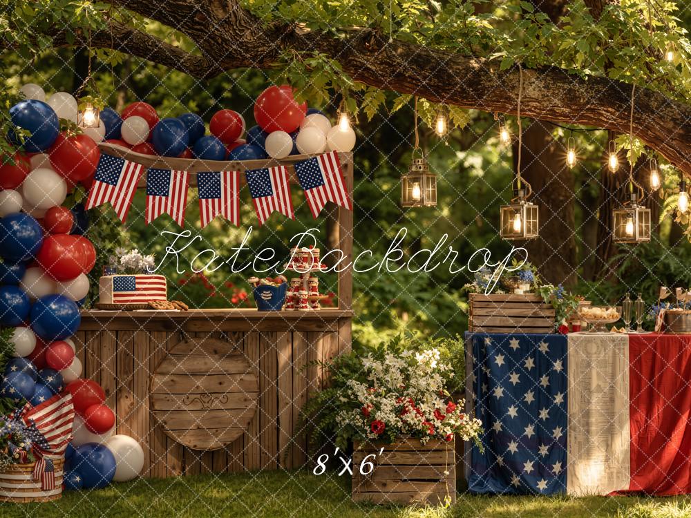 Kate 4th of July Patriotic Outdoor Balloons American Flags Rustic Table Printed Backdrop Designed by Emetselch