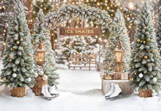 Kate Christmas Arch Snowy Trees Skates Lanterns Printed Backdrop Designed by Emetselch