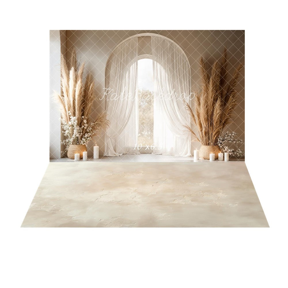 Kate Mother's Day Boho Arch Window Pampas Grass Candles Printed Backdrop+Beige Abstract Texture Printed Floor Backdrop