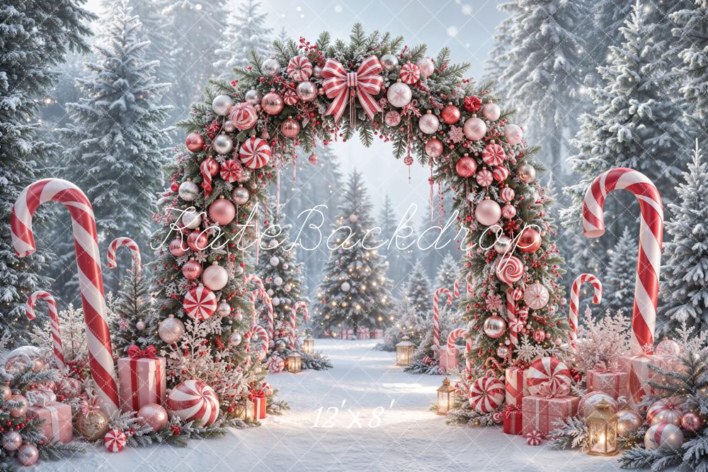 Kate Christmas Candy Arch Peppermint Gifts Snowy Forest Printed Backdrop Designed by Emetselch