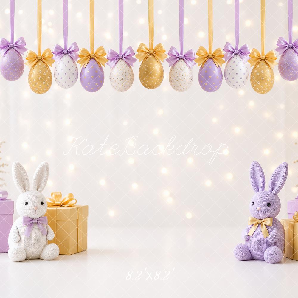 Kate Easter Bunny Purple Gold Eggs Gifts Flowers Printed Backdrop Designed by Angela Miller