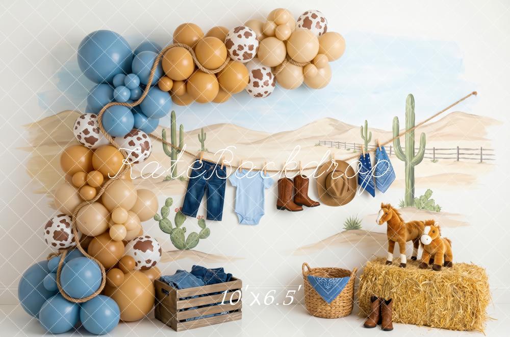 Kate Birthday Western Cowboy Cactus Desert Balloons Clothesline Printed Backdrop Designed by Patty Roberts