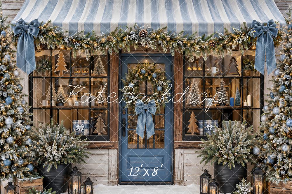 Kate Christmas Blue Storefront Garland Awning Snowy Printed Backdrop Designed by Ashley Paul
