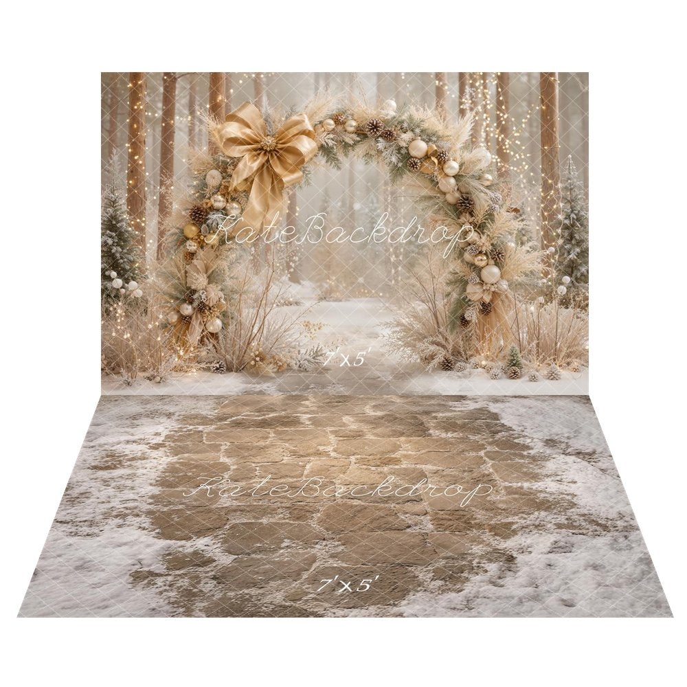 Kate Christmas Flower Arch Gold Ornaments Snowy Forest Printed Backdrop+Cobblestone Floor Snow Printed Backdrop