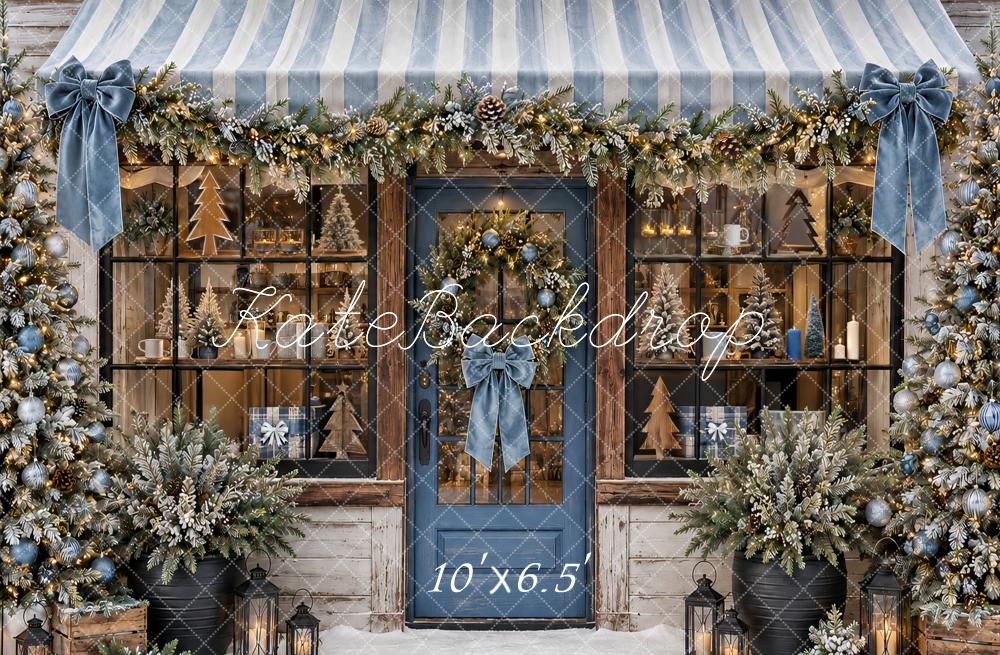 Kate Christmas Blue Storefront Garland Awning Snowy Printed Backdrop Designed by Ashley Paul