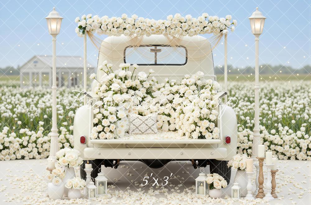 Kate Spring Wedding White Truck Flower Arch Lanterns Flowers Backdrop Designed by Mini MakeBelieve