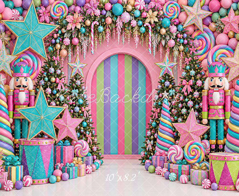 Kate Christmas Colorful Candy Nutcracker Arch Stars Printed Backdrop Designed by Angela Miller