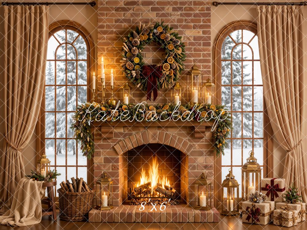 Kate Christmas Fireplace Garland Wreath Brick Wall Printed Backdrop Designed by Emetselch