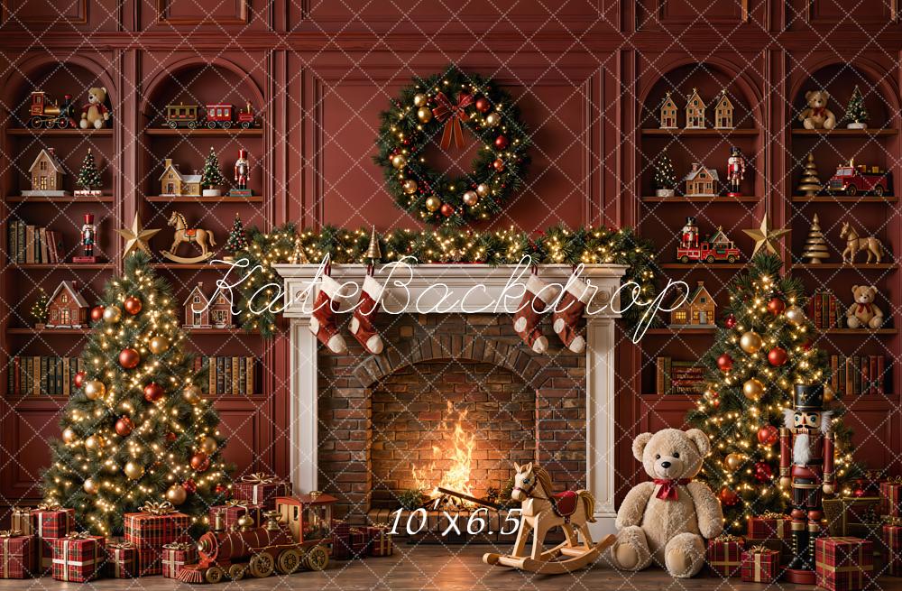 Kate Christmas Fireplace Tree Wreath Gifts Red Toys Wall Printed Backdrop Designed by Emetselch