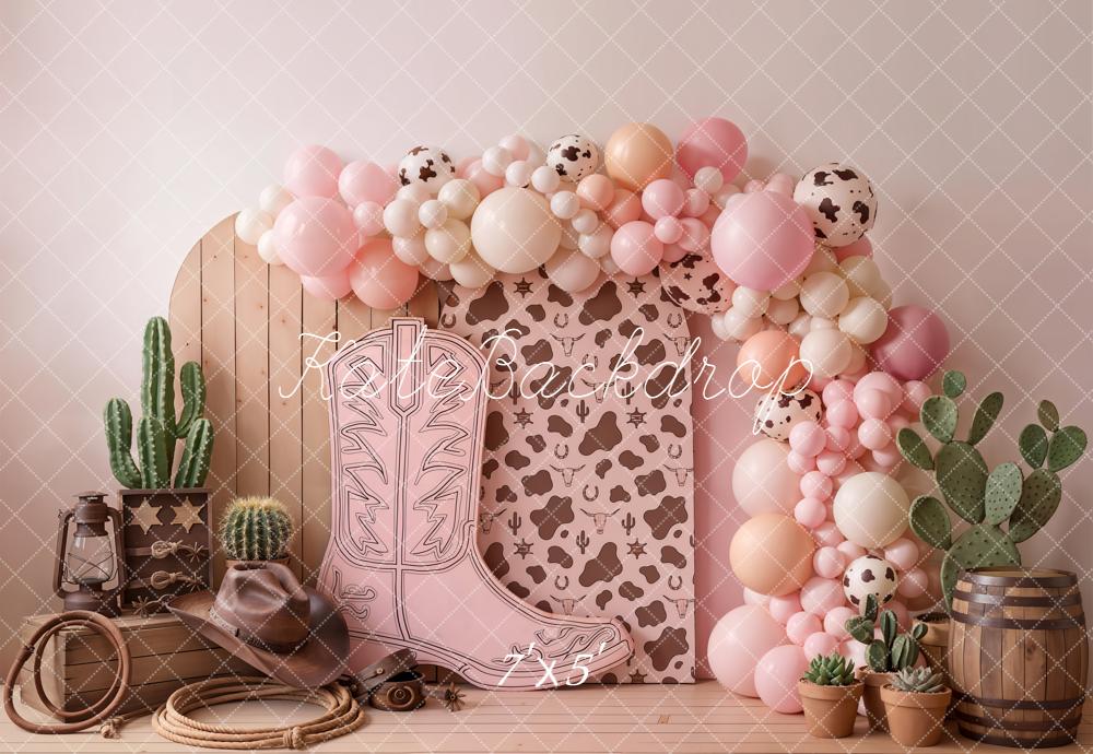 Kate Cake Smash Cowgirl Boot Cow Cactus Pink Printed Backdrop Designed by Chain Photography