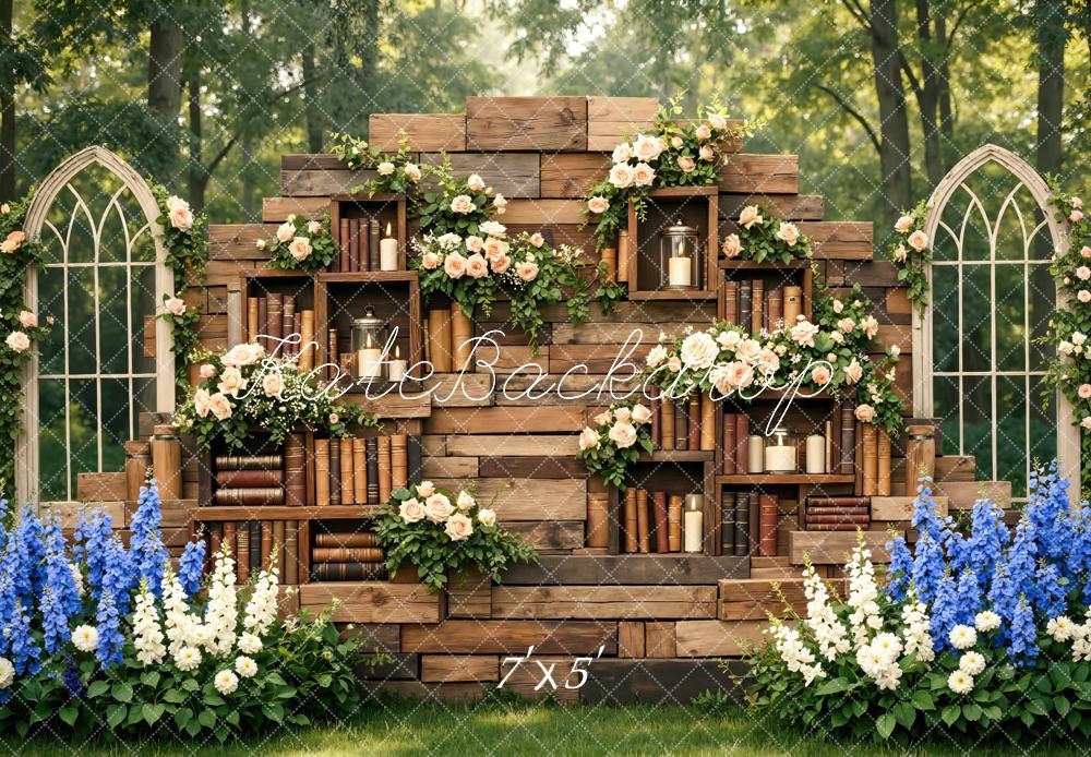Kate Rustic Bookshelf Flower Arch Garden Printed Backdrop Designed by Mini MakeBelieve