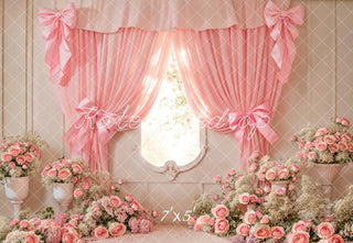 Kate Cake Smash Pink Floral Curtain Bow Printed Backdrop Designed by Emetselch