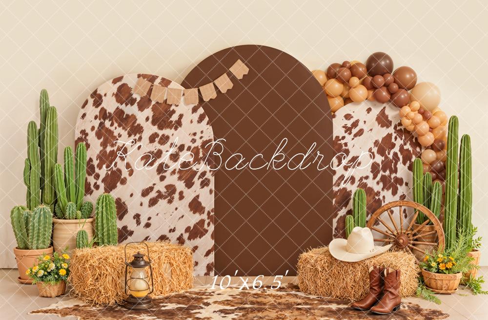 Kate Western Cow Print Cactus Hay Bales Wagon Wheel Boots Balloons Printed Backdrop Designed by Emetselch